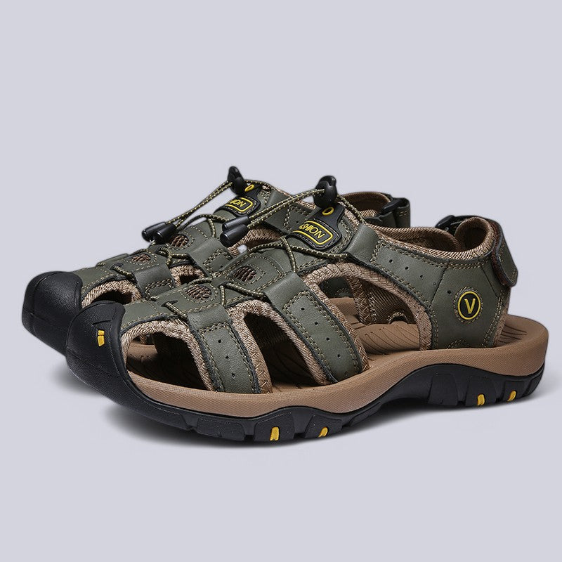 Men's Leather Upper Sandals with Hook-and-Loop Strap