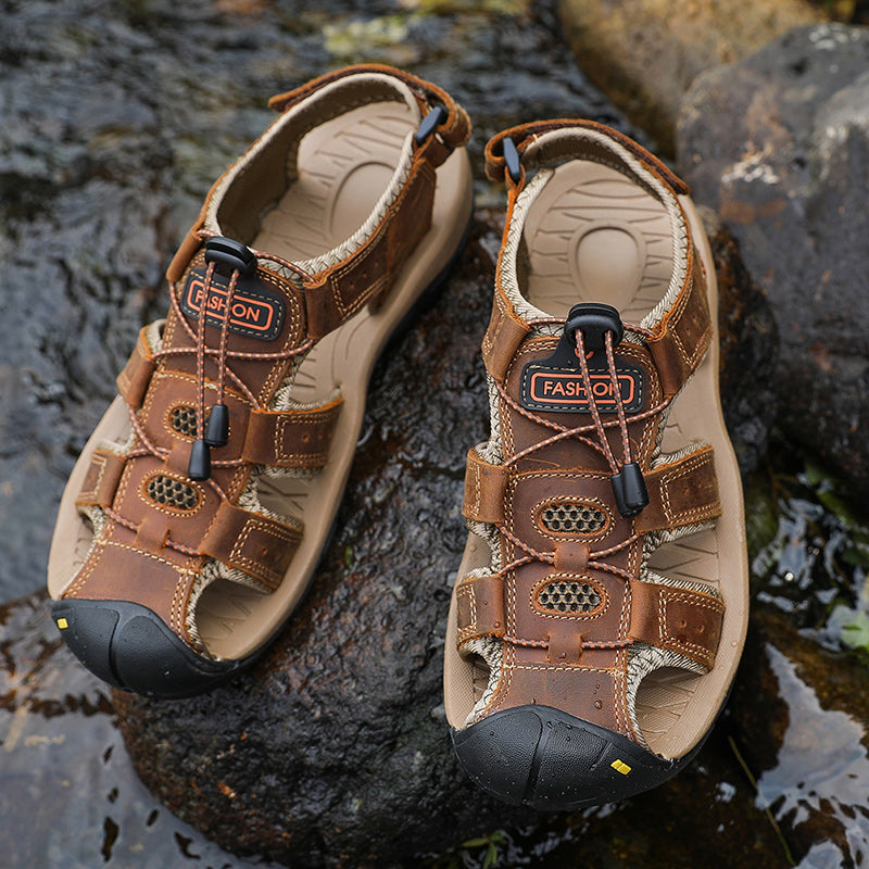 Men's Leather Upper Sandals with Hook-and-Loop Strap