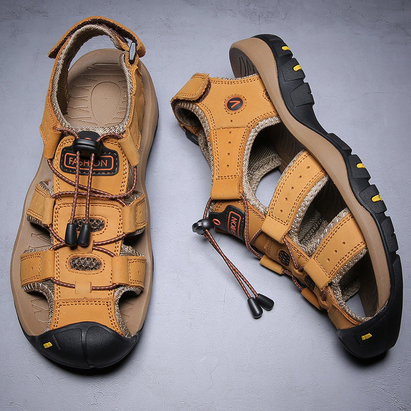 Men's Leather Upper Sandals with Hook-and-Loop Strap