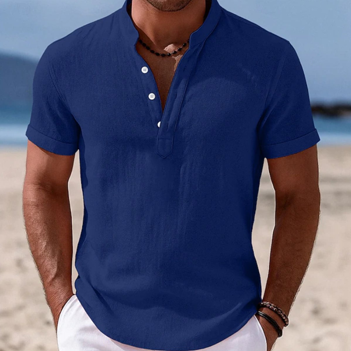 Men's Lightweight Linen-Feel Short-Sleeve Henley Button-Up Shirt