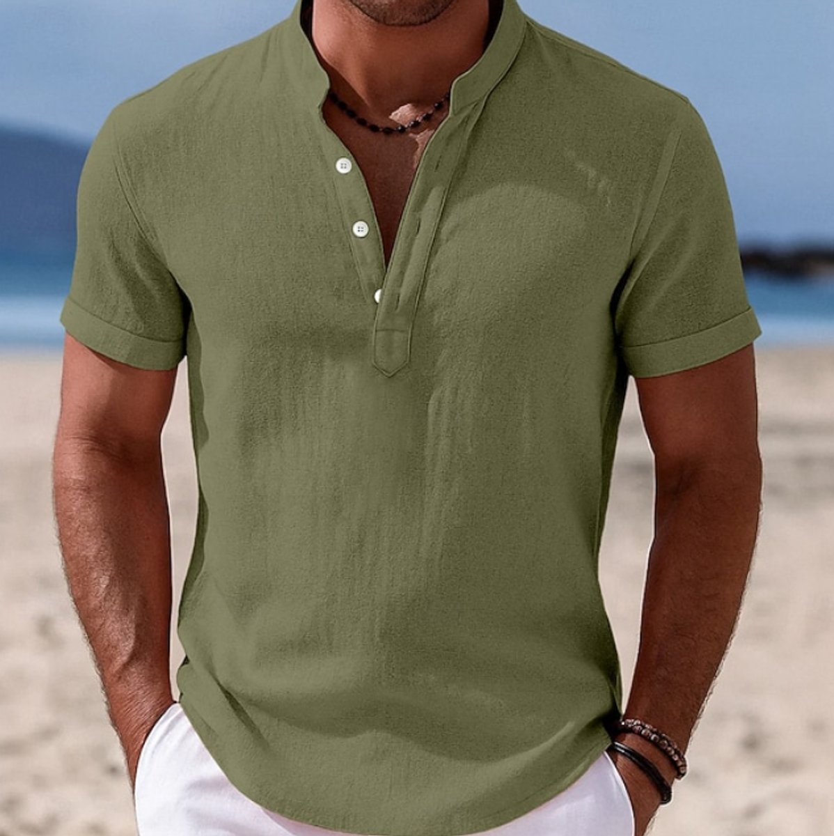 Men's Lightweight Linen-Feel Short-Sleeve Henley Button-Up Shirt