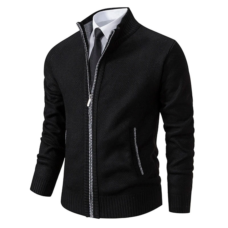 Men's Merino Wool Zip-Up Cardigan with Stand-Up Collar