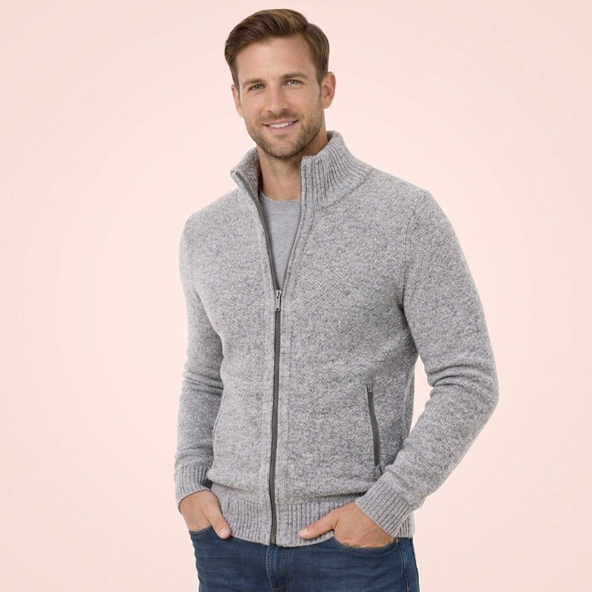 Men's Merino Wool Zip-Up Cardigan with Stand-Up Collar