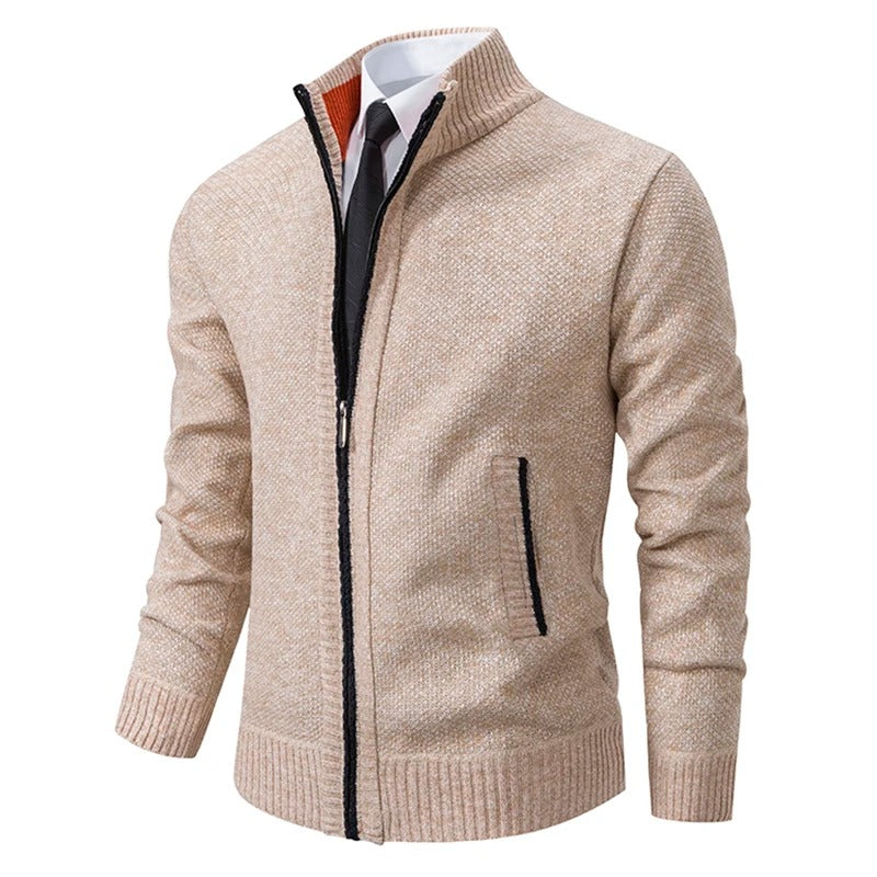 Men's Merino Wool Zip-Up Cardigan with Stand-Up Collar