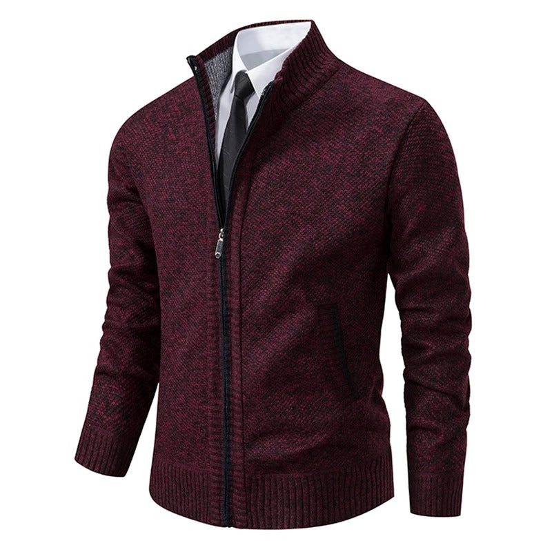Men's Merino Wool Zip-Up Cardigan with Stand-Up Collar