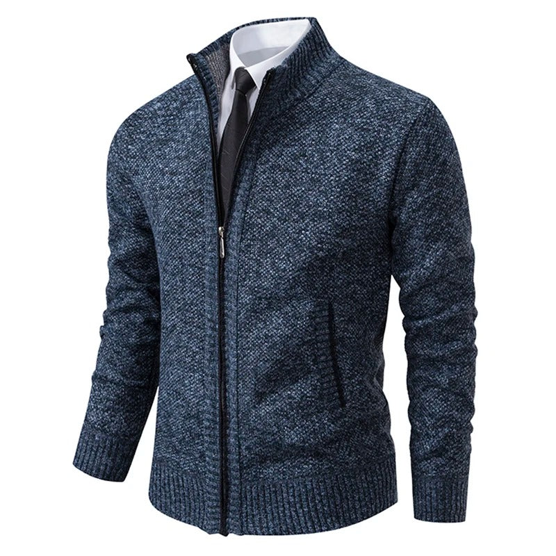 Men's Merino Wool Zip-Up Cardigan with Stand-Up Collar
