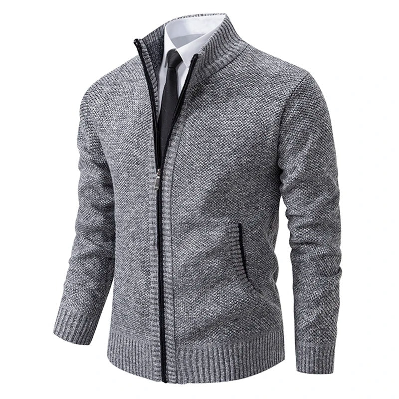 Men's Merino Wool Zip-Up Cardigan with Stand-Up Collar