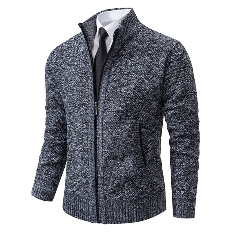 Men's Merino Wool Zip-Up Cardigan with Stand-Up Collar