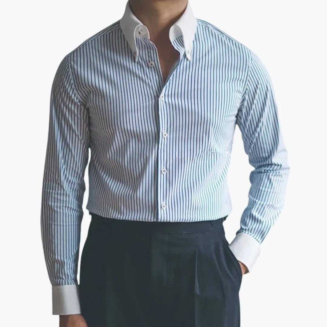 Men's Striped Shirt with Contrast Collar and Buttoned Cuffs