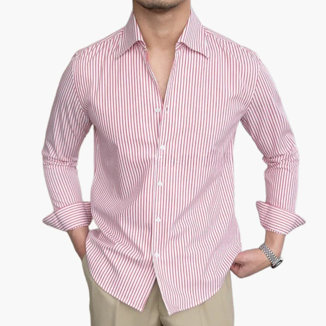 Men's Striped Shirt with Contrast Collar and Buttoned Cuffs