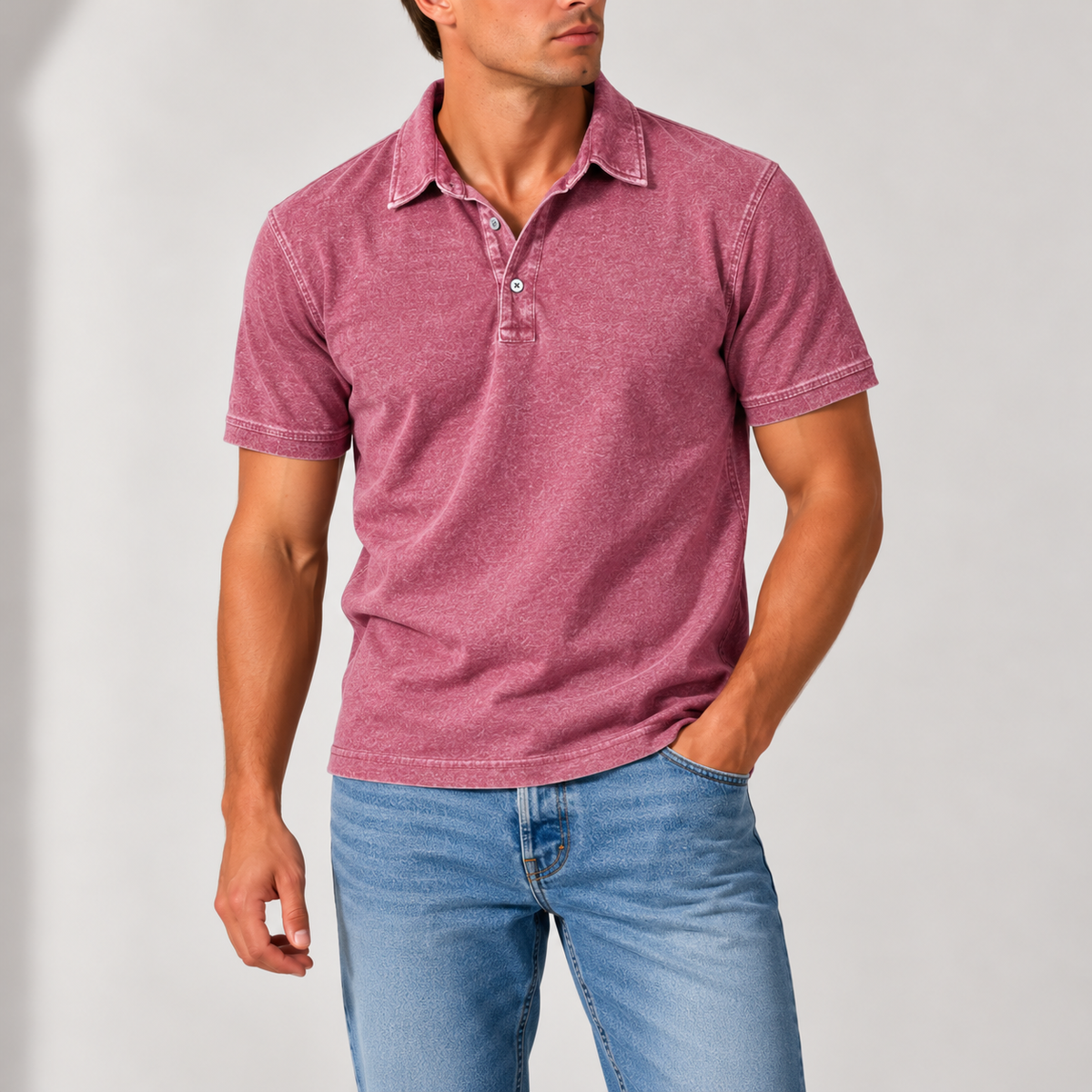 Men's Vintage-Wash Polo Shirt with Button Collar