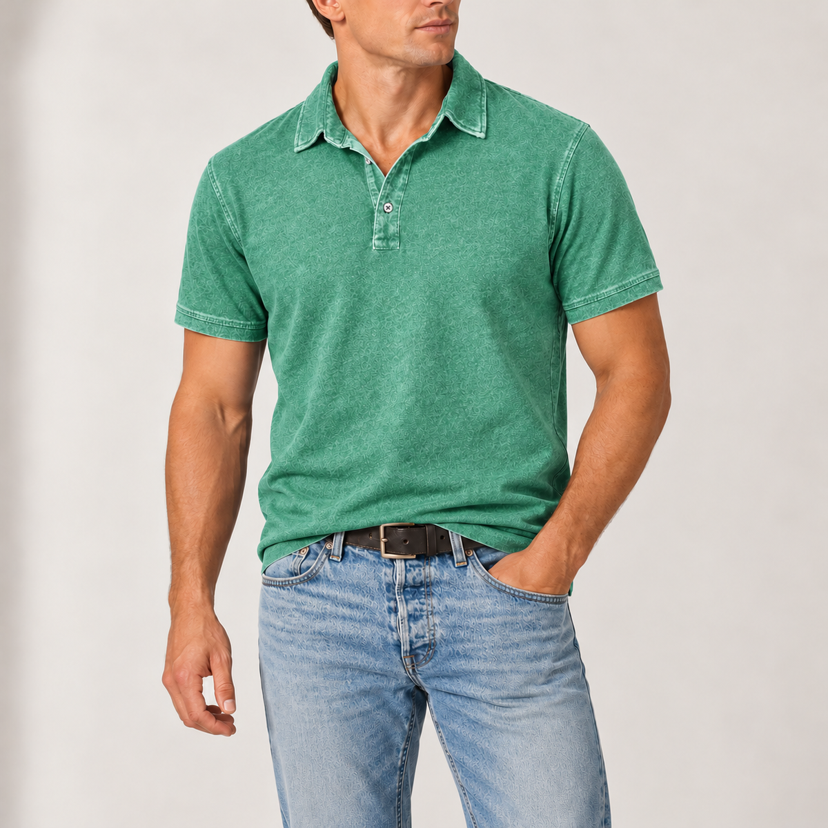 Men's Vintage-Wash Polo Shirt with Button Collar