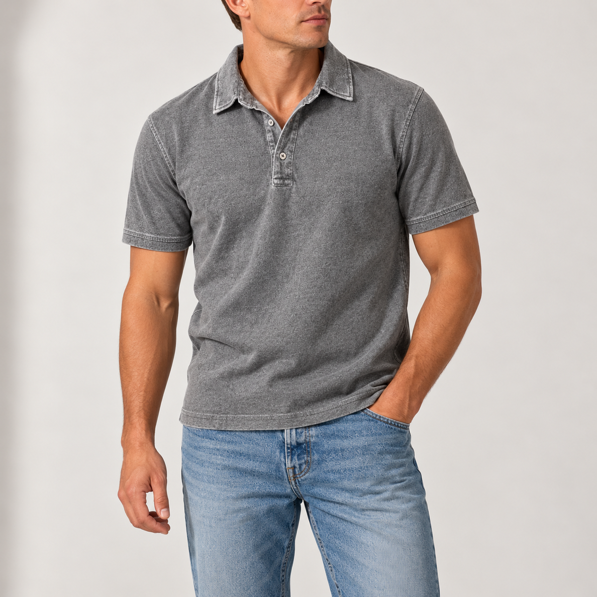 Men's Vintage-Wash Polo Shirt with Button Collar
