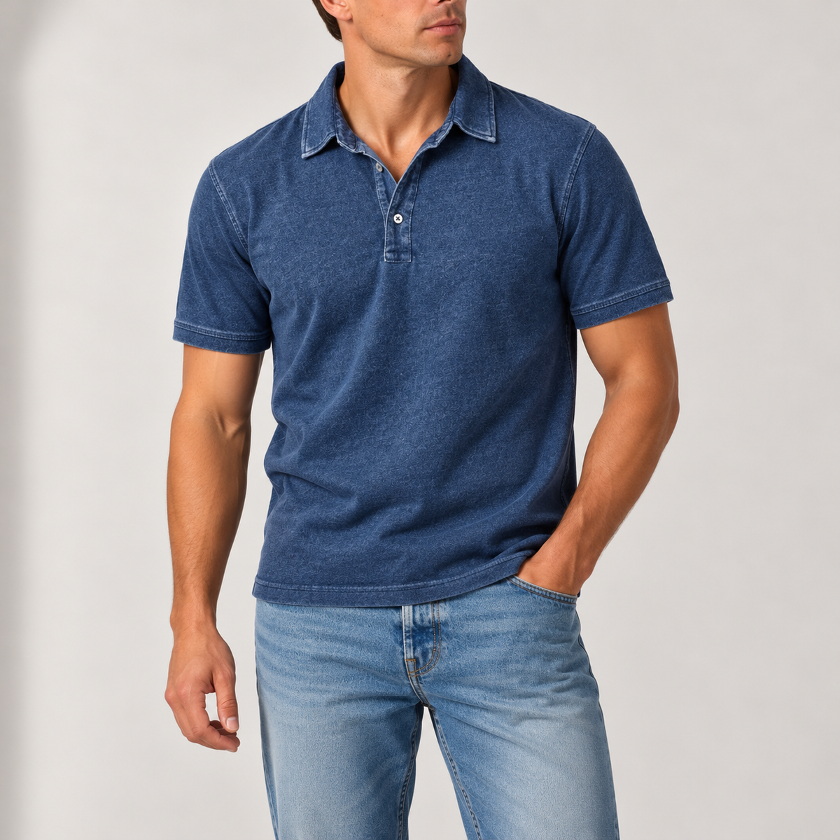 Men's Vintage-Wash Polo Shirt with Button Collar