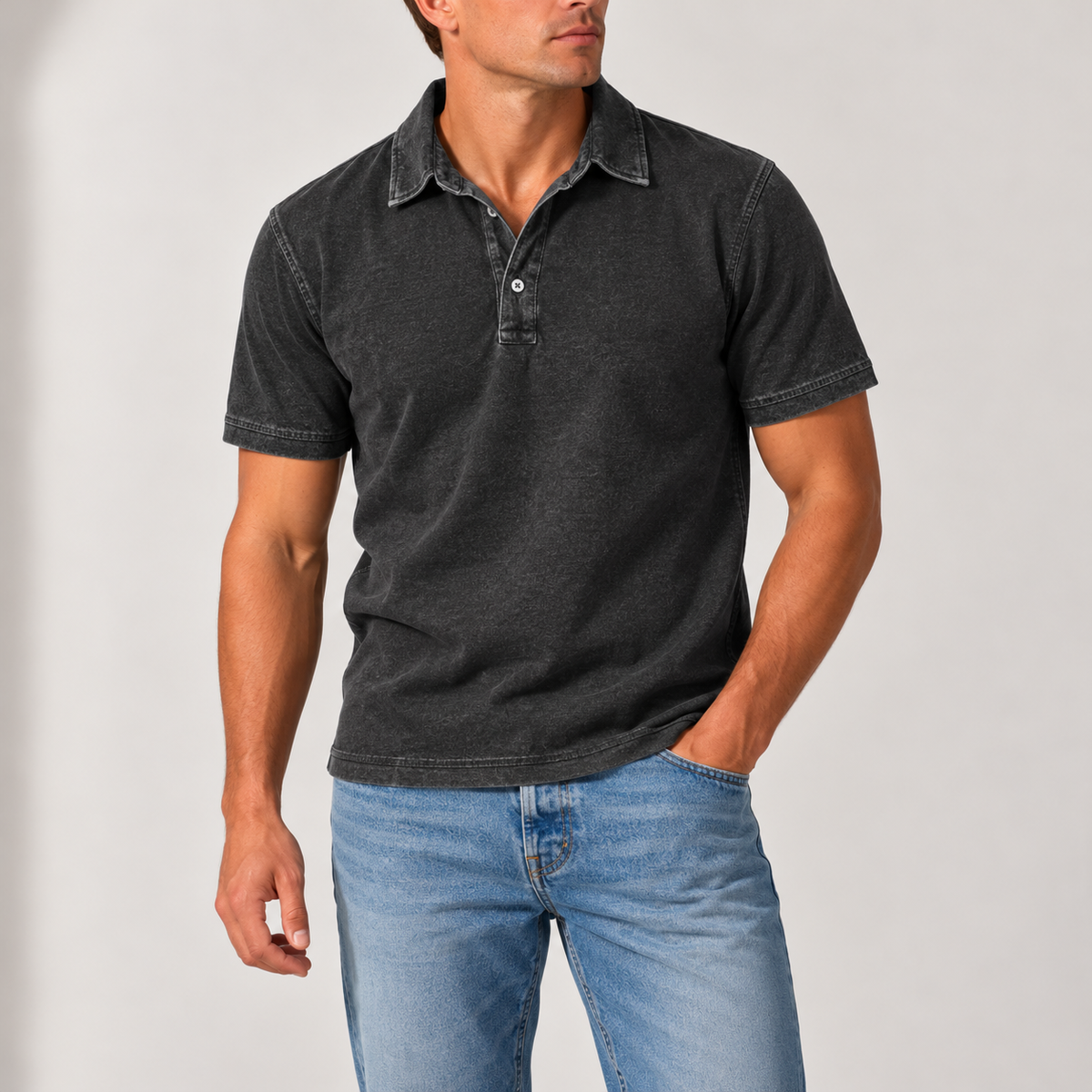 Men's Vintage-Wash Polo Shirt with Button Collar