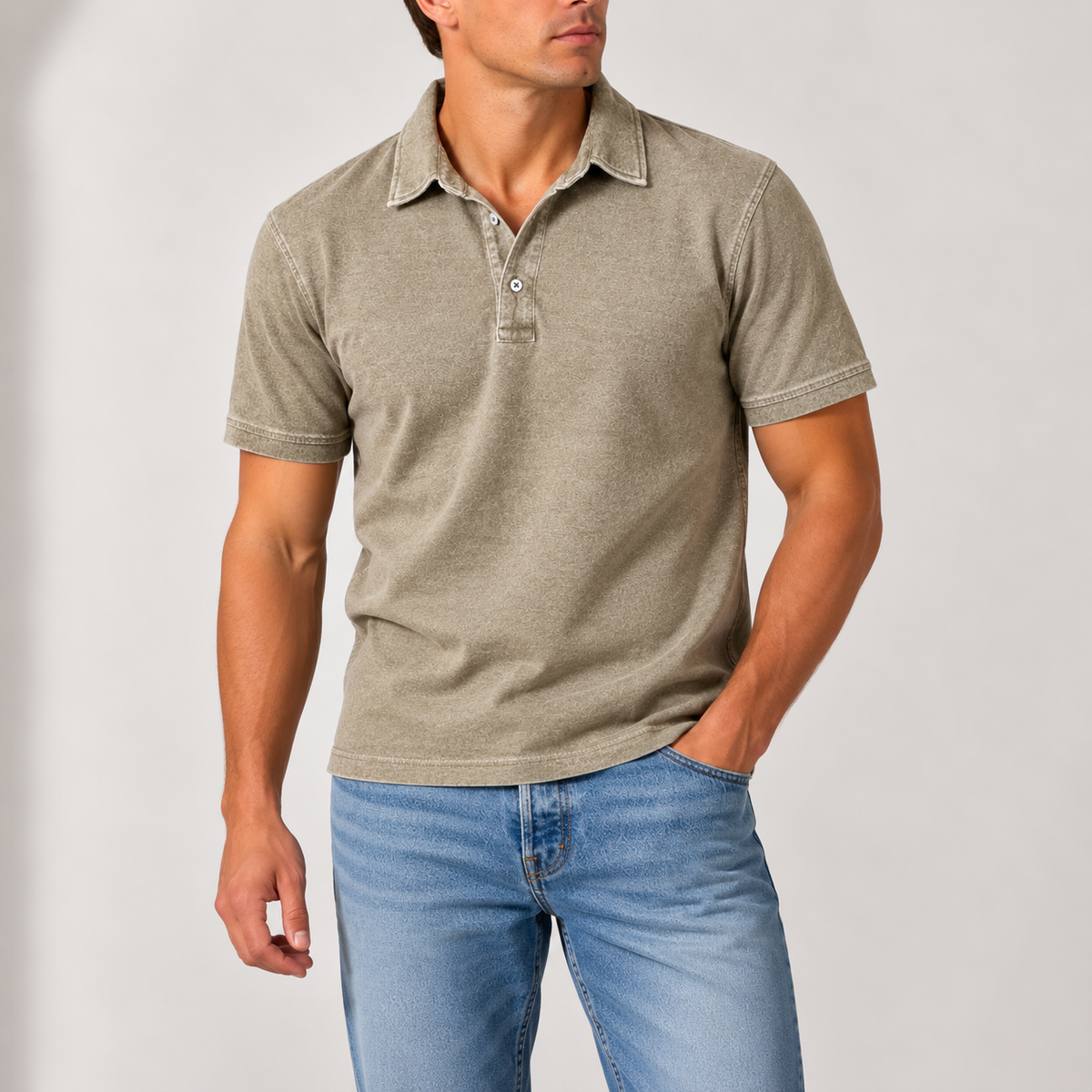 Men's Vintage-Wash Polo Shirt with Button Collar