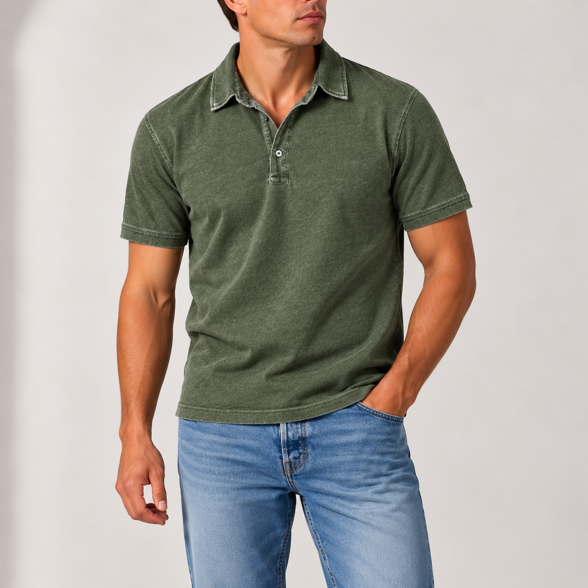 Men's Vintage-Wash Polo Shirt with Button Collar