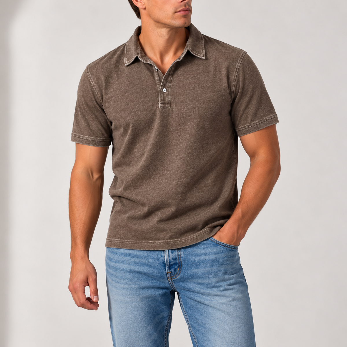 Men's Vintage-Wash Polo Shirt with Button Collar