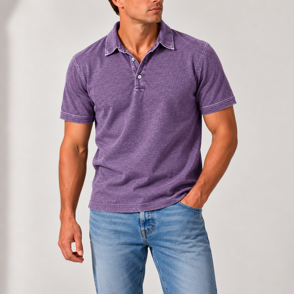 Men's Vintage-Wash Polo Shirt with Button Collar