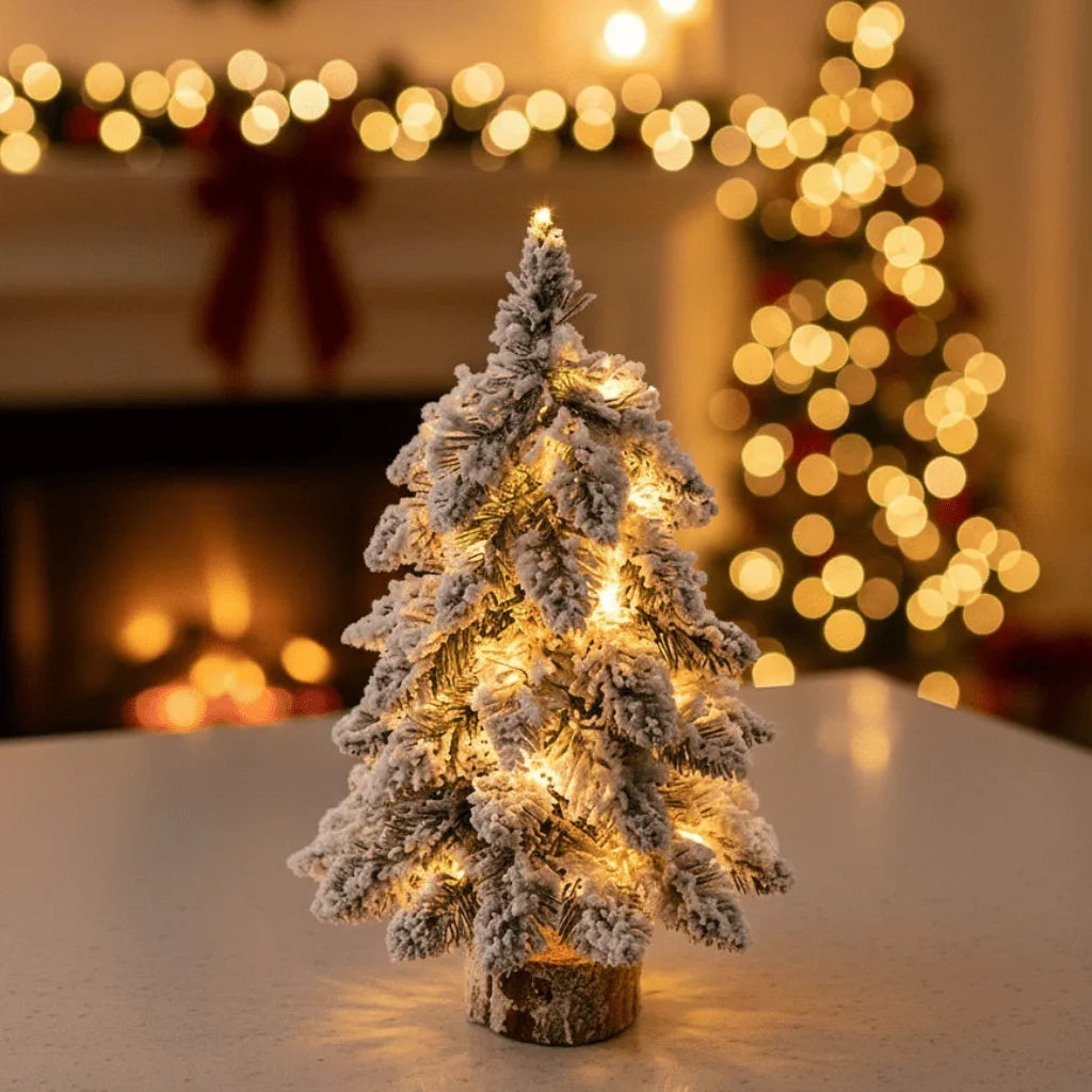 Mini Artificial Indoor Christmas Tree with Warm LED Lights and Snow Effect