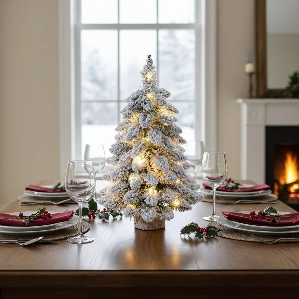 Mini Artificial Indoor Christmas Tree with Warm LED Lights and Snow Effect
