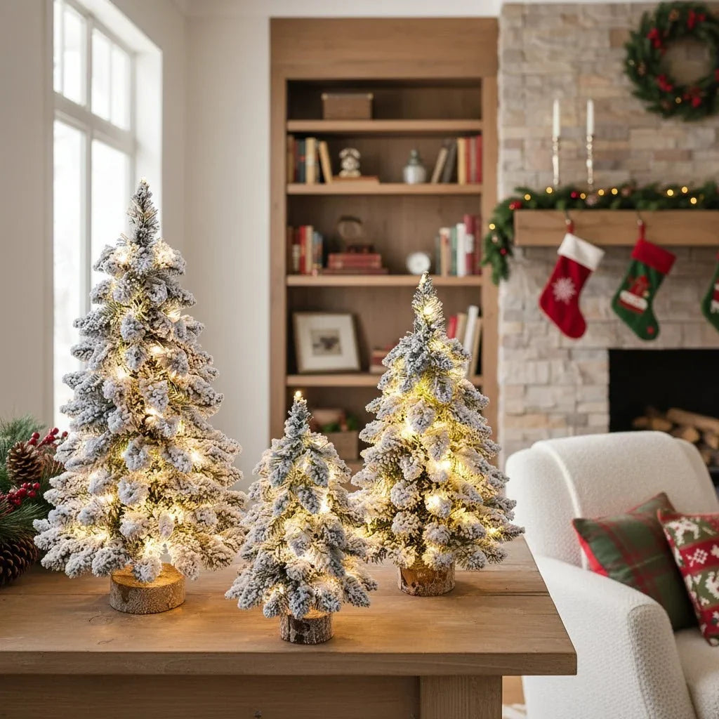 Mini Artificial Indoor Christmas Tree with Warm LED Lights and Snow Effect