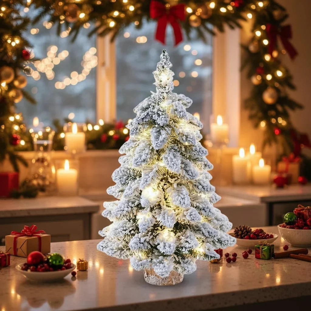 Mini Artificial Indoor Christmas Tree with Warm LED Lights and Snow Effect