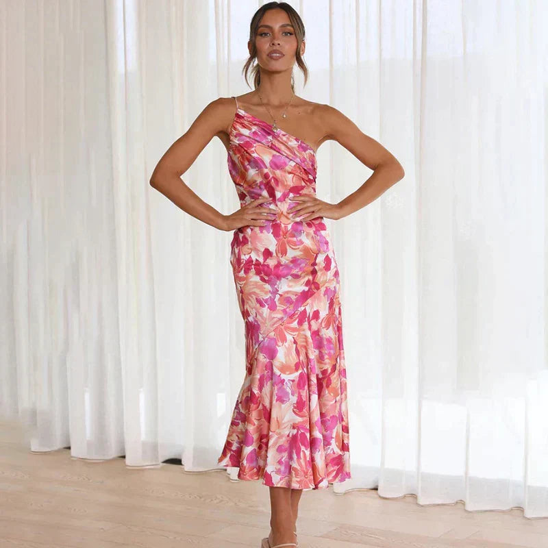 Image of Miranda | Women's One Shoulder Fit & Flare Midi Dress