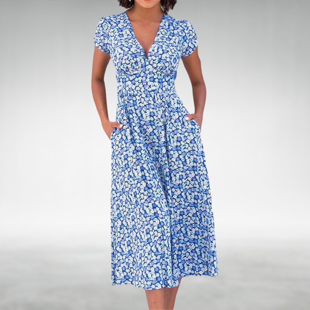 Image of Nicolette | Women's V-Neck Fit and Flare Midi Dress