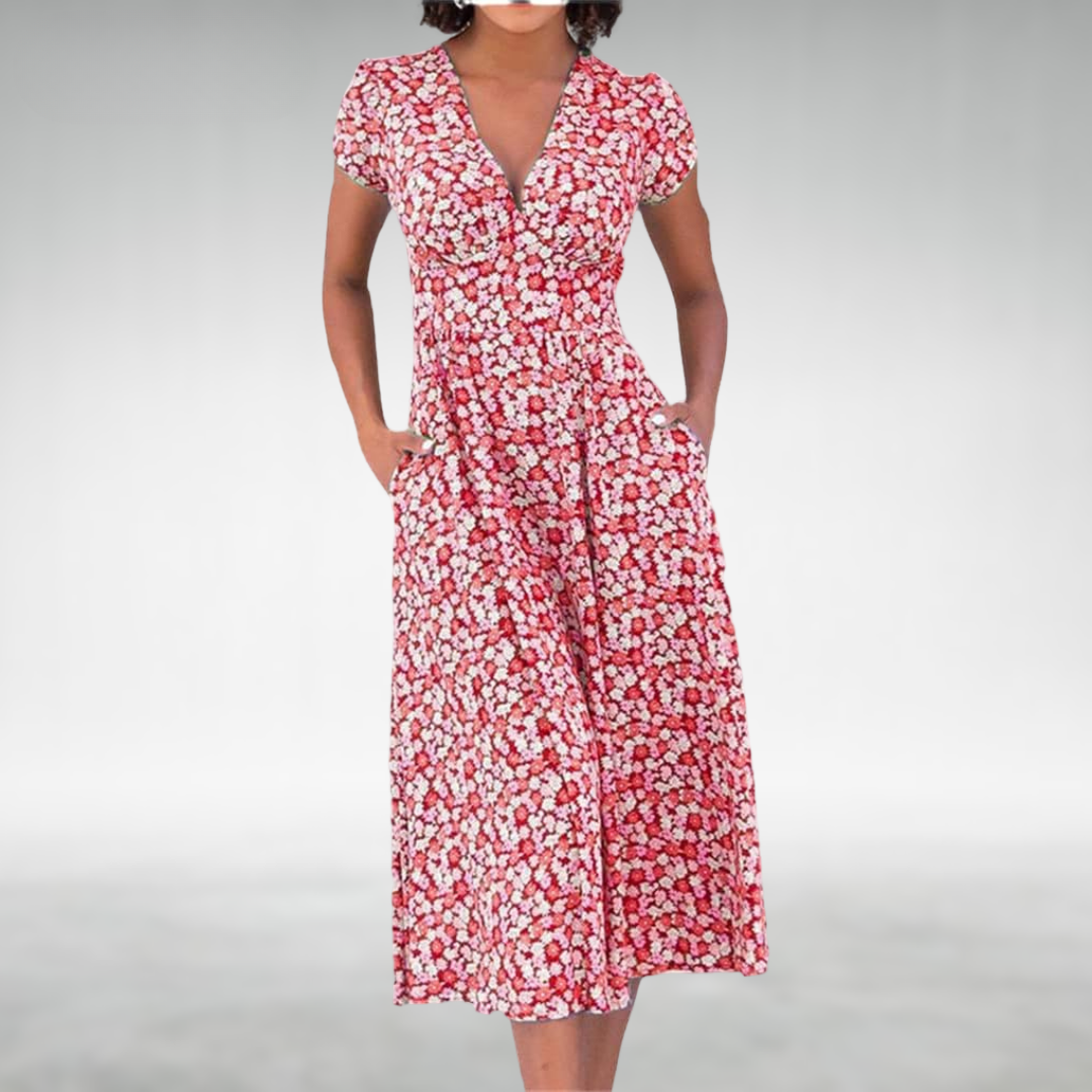 Image of Nicolette | Women's V-Neck Fit and Flare Midi Dress