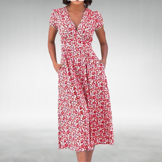 Image of Nicolette | Women's V-Neck Fit and Flare Midi Dress