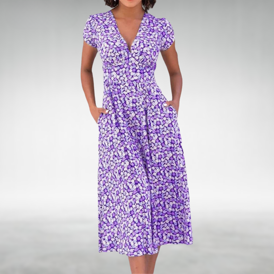 Image of Nicolette | Women's V-Neck Fit and Flare Midi Dress