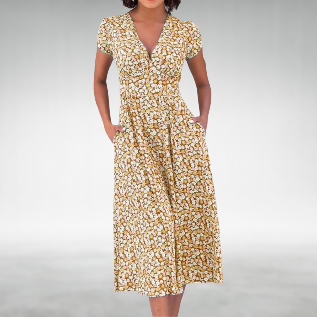Image of Nicolette | Women's V-Neck Fit and Flare Midi Dress