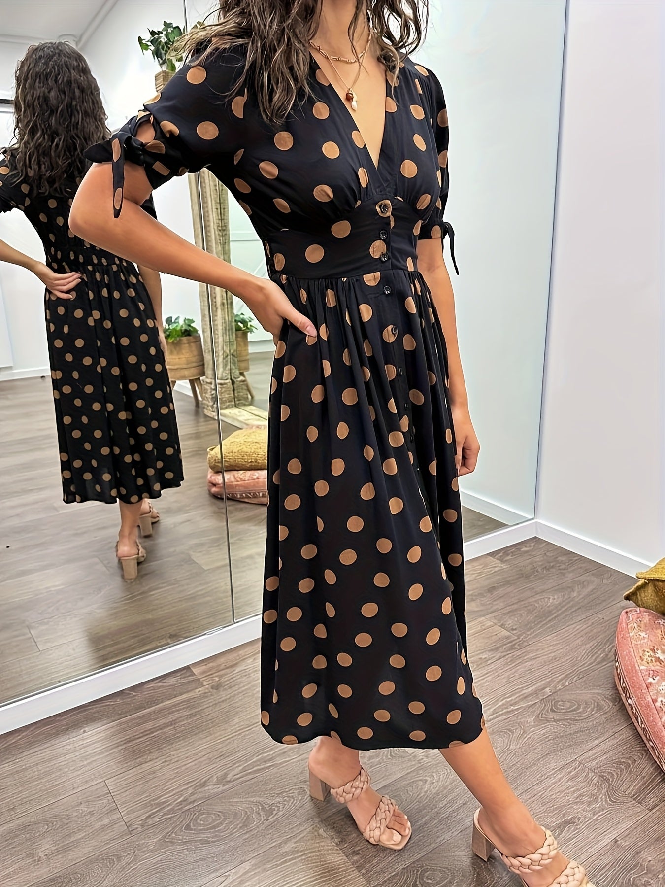 Image of Nina | Women's V-Neck A-Line Midi Dress