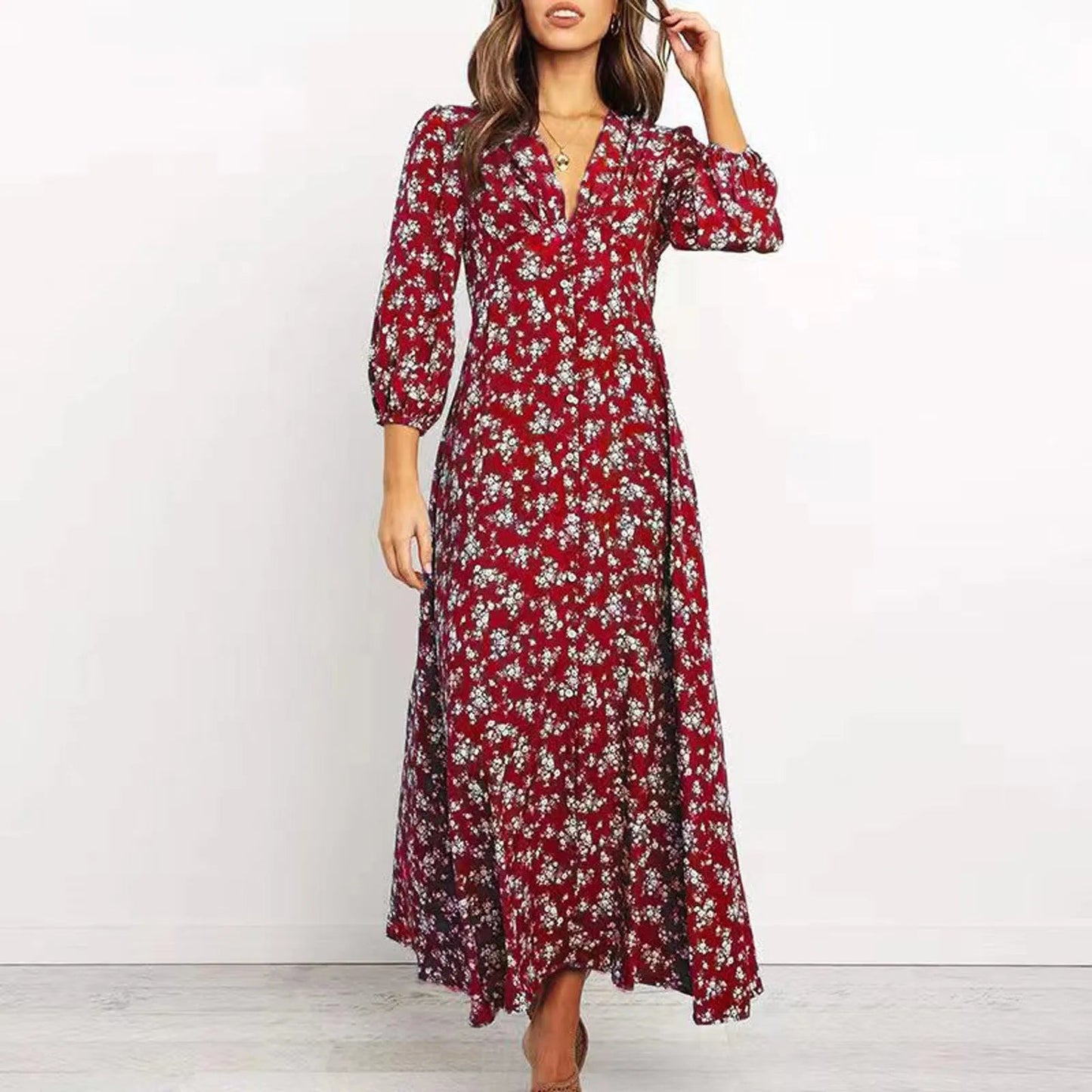 Image of Norma | Women's V-Neck A-Line Maxi Dress