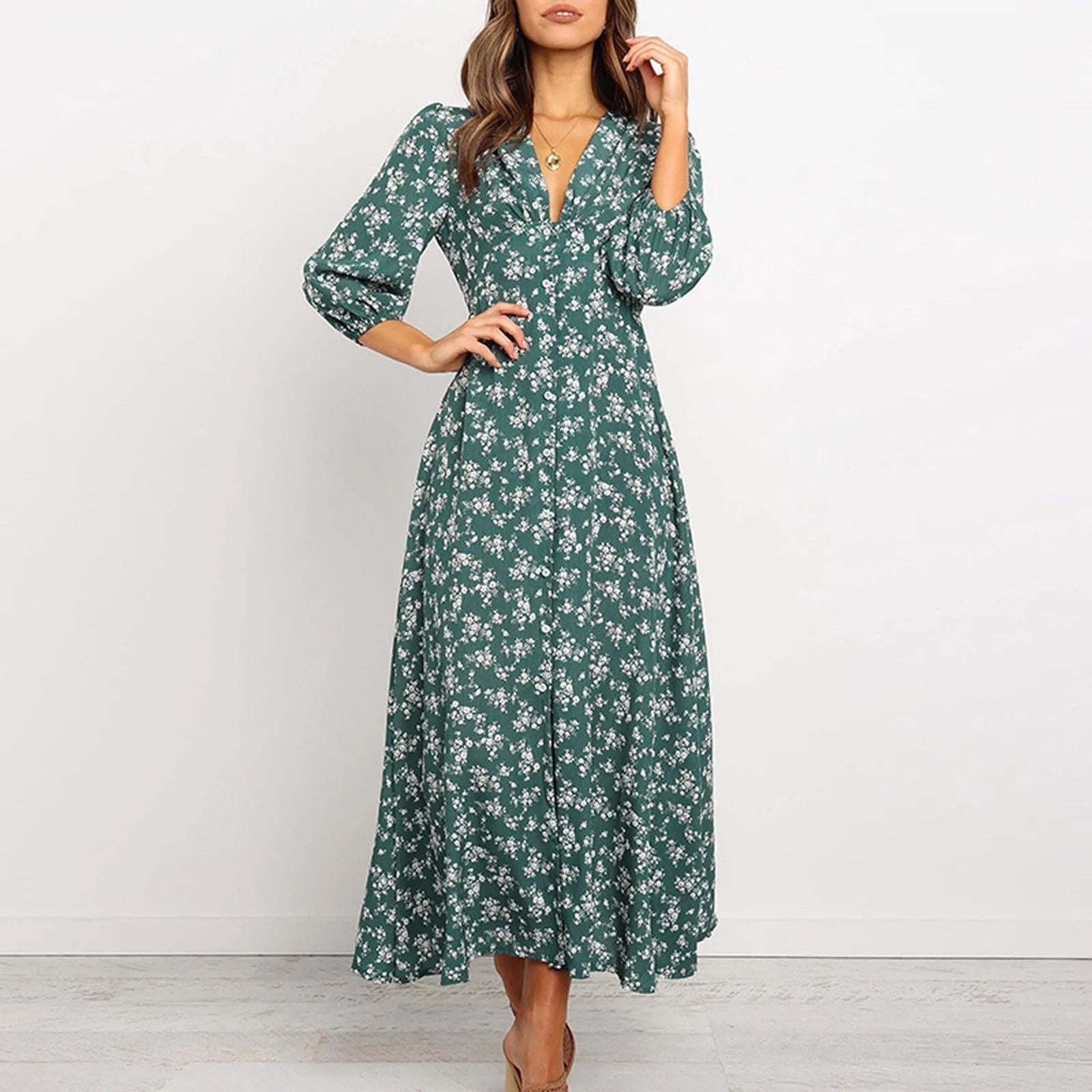 Image of Norma | Women's V-Neck A-Line Maxi Dress