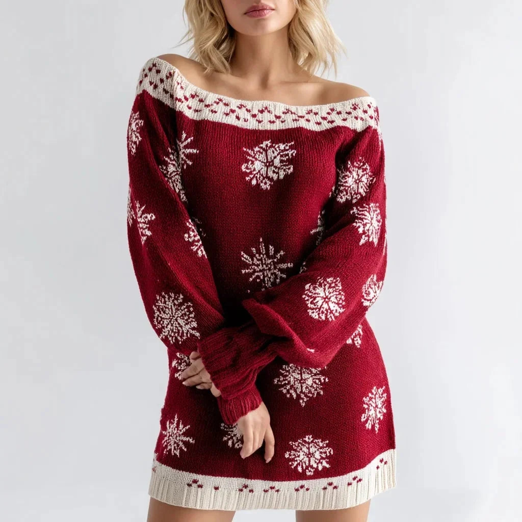 Off-the-Shoulder Sequin Knit Midi Dress – Elegant Festive Party Dress