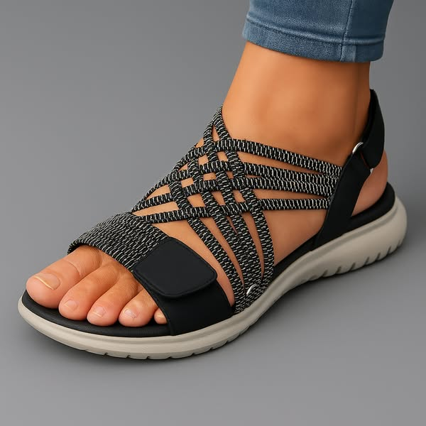 Orthopedic Flat Sandals with Strappy Upper and Hook-and-Loop Closure