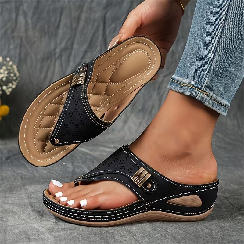 Orthopedic Wedge Sandals with Perforated Upper and Buckle Detail