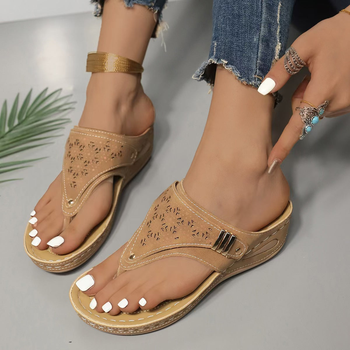 Orthopedic Wedge Sandals with Perforated Upper and Buckle Detail