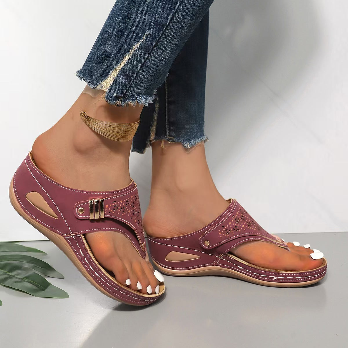 Orthopedic Wedge Sandals with Perforated Upper and Buckle Detail