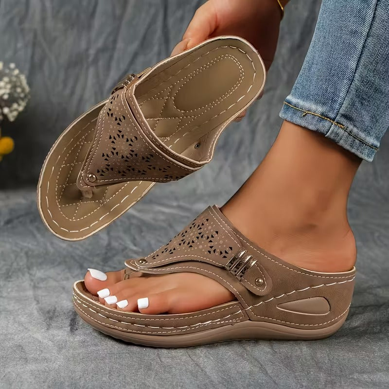 Orthopedic Wedge Sandals with Perforated Upper and Buckle Detail