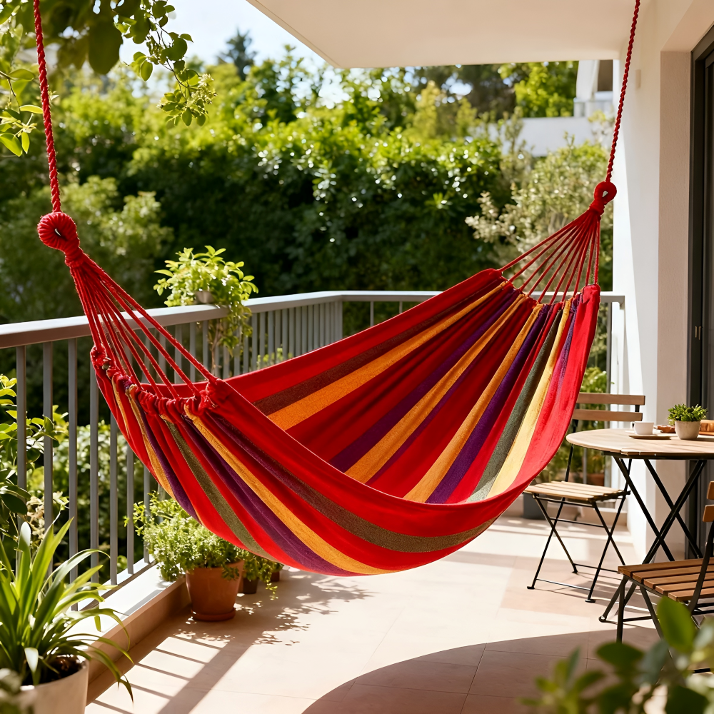 Outdoor Hammock in Breathable Cotton Fabric with Ropes and Carry Bag