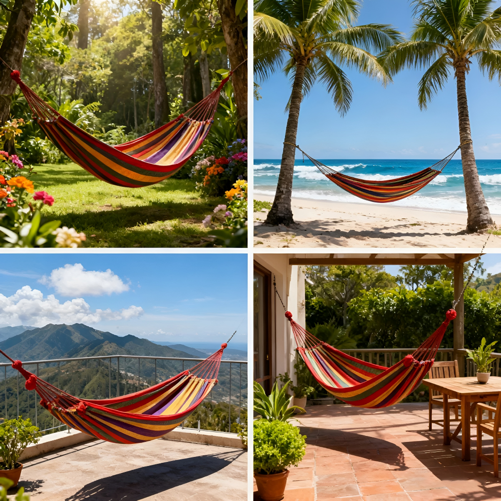 Outdoor Hammock in Breathable Cotton Fabric with Ropes and Carry Bag