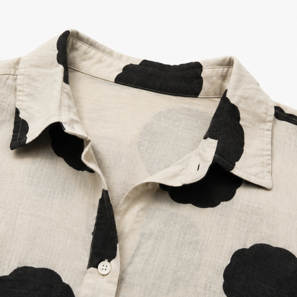 Polka Dot Cotton-Linen V-Neck Blouse