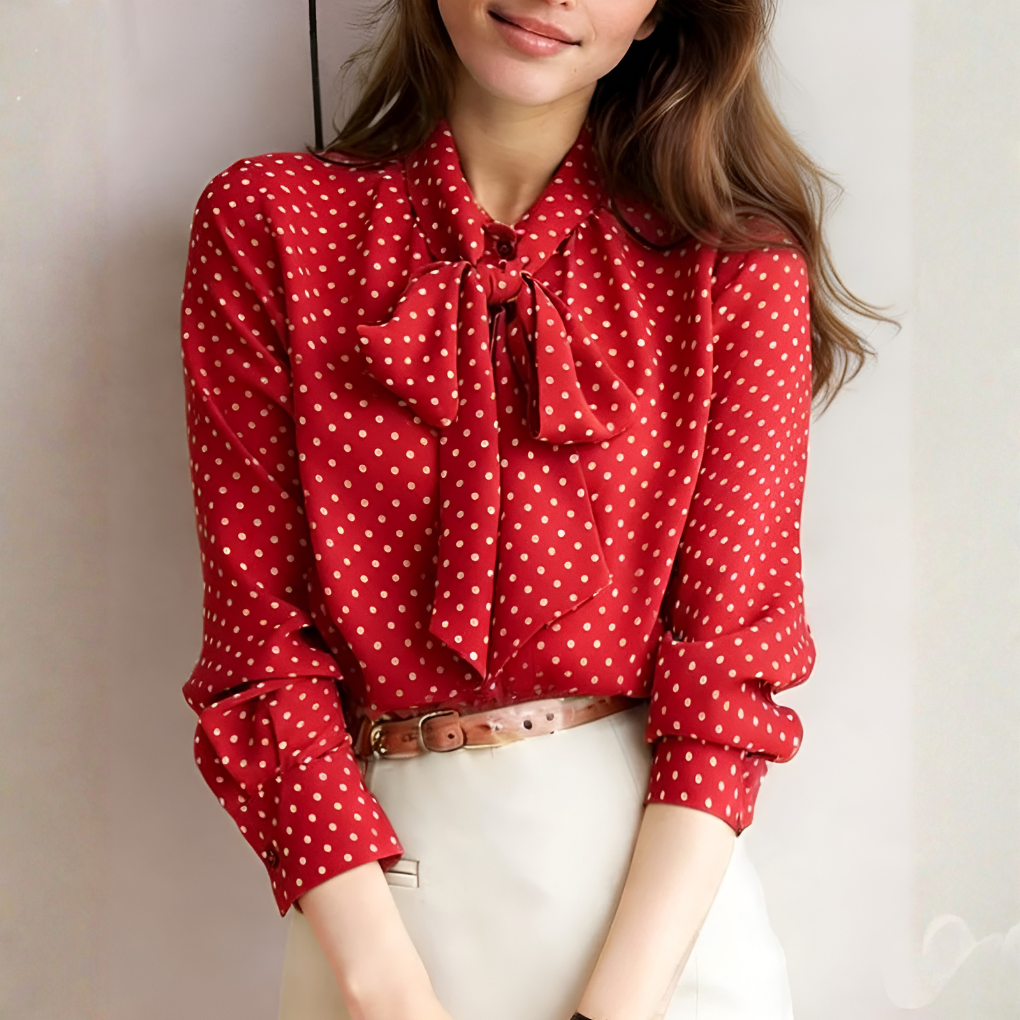 Polka Dot Tie-Neck Blouse