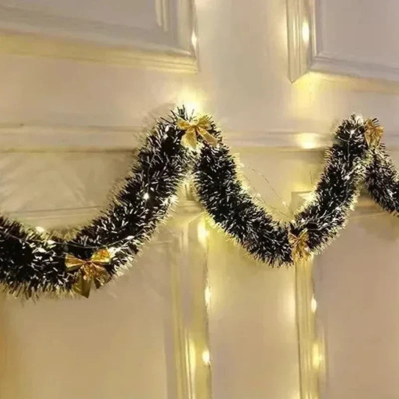 Pre-Lit Tinsel Garland with LED Lights, Bows and Frosted White Tips