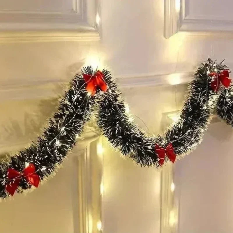Pre-Lit Tinsel Garland with LED Lights, Bows and Frosted White Tips