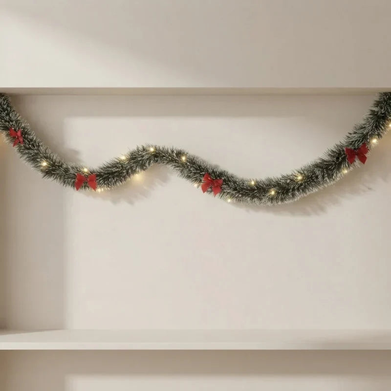 Pre-Lit Tinsel Garland with LED Lights, Bows and Frosted White Tips