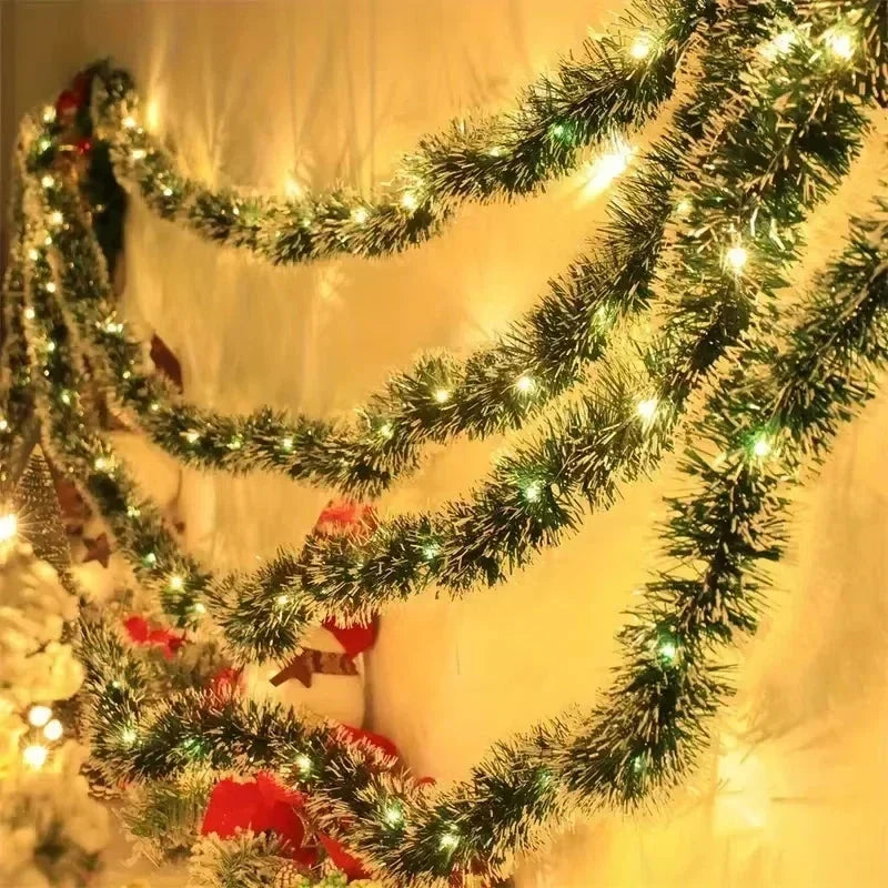 Pre-Lit Tinsel Garland with LED Lights, Bows and Frosted White Tips